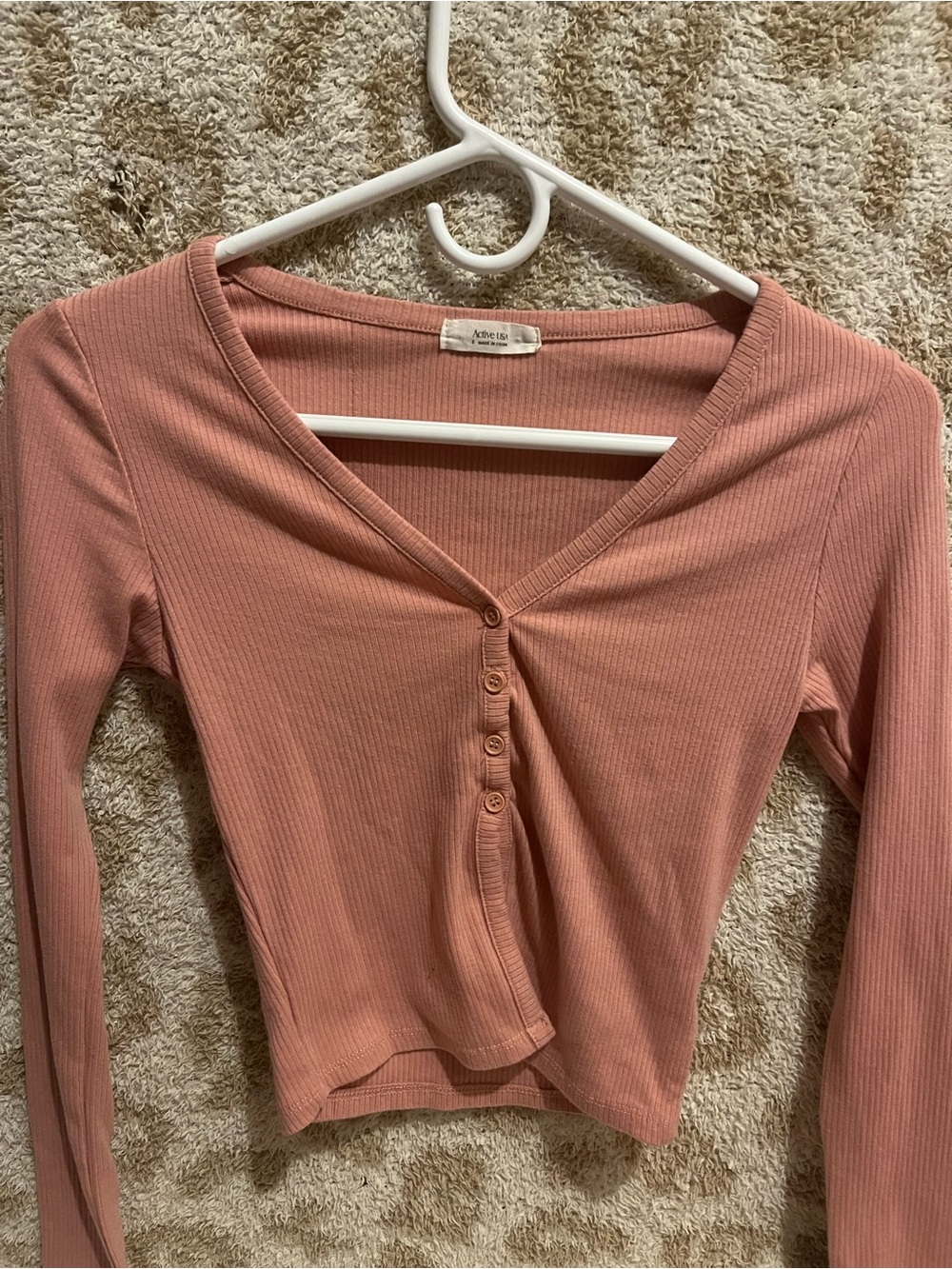 Active USA Ribbed Button-Front Long Sleeve Top - Dusty Rose